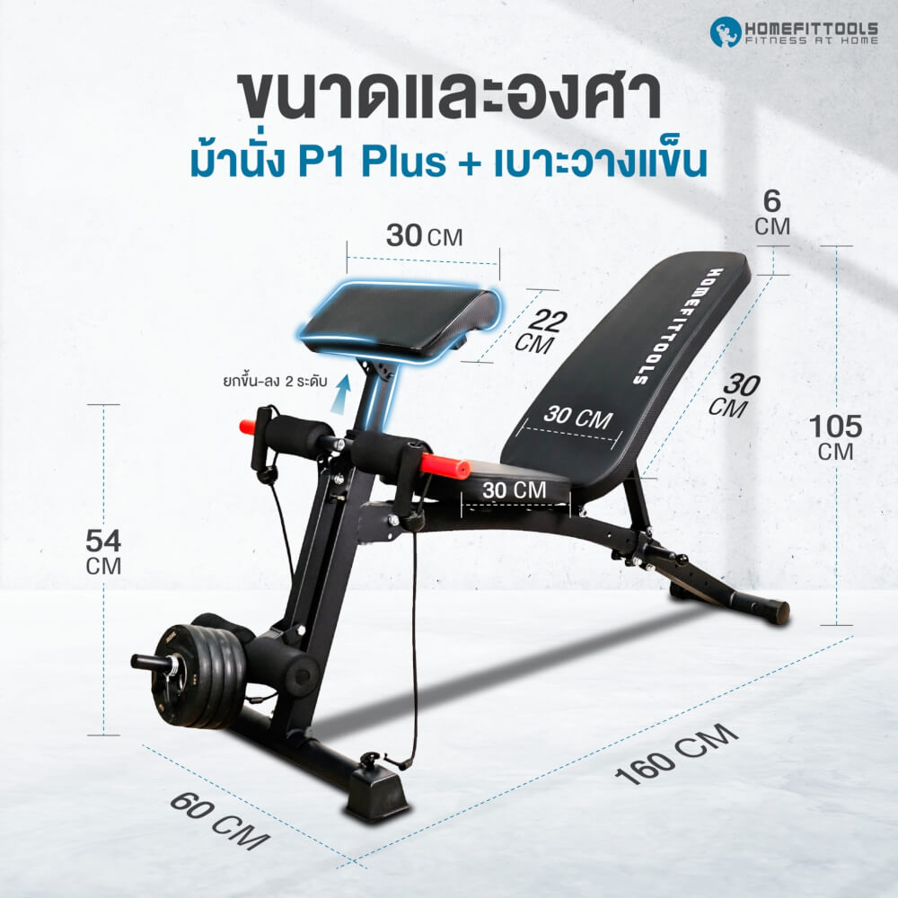 ชุดเซ็ต ม้านั่งฟิตเนส Homefittools รุ่น P1 Plus + เบาะรองแขน + เสาเสริม 